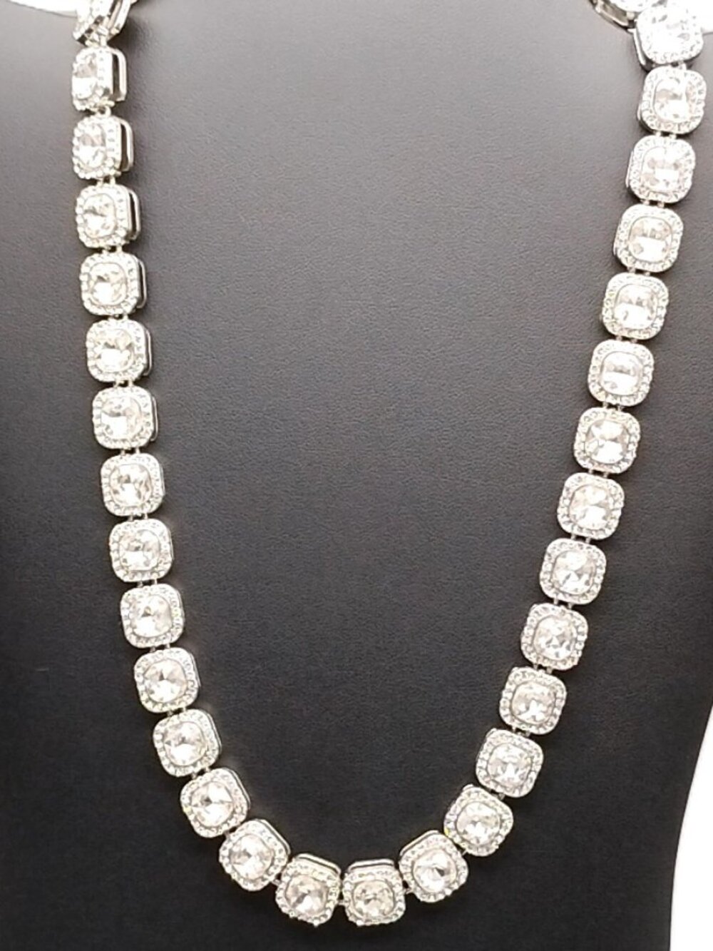 Silver-Tone Cushion-Cut Halo Tennis Necklace Cubic Zirconia Iced-Out Unisex